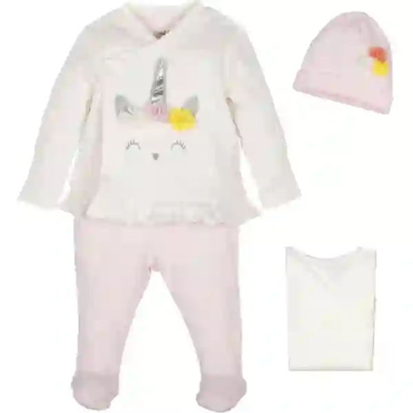 Resim kız çocuk uzun kolllu unicorn baskılı krem zıbın takım