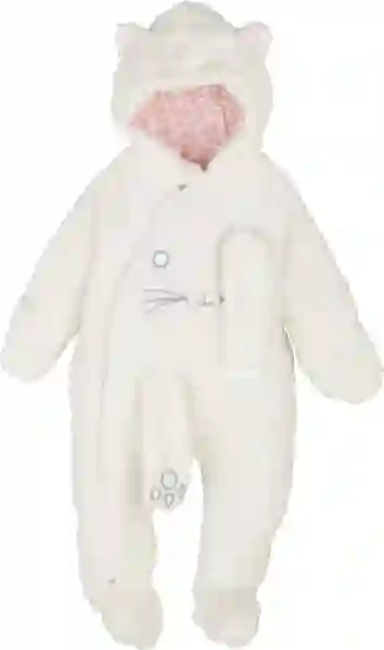 Resim kız çocuk elyaflı kapşonlu kedi baskılı krem kürk kozmonot